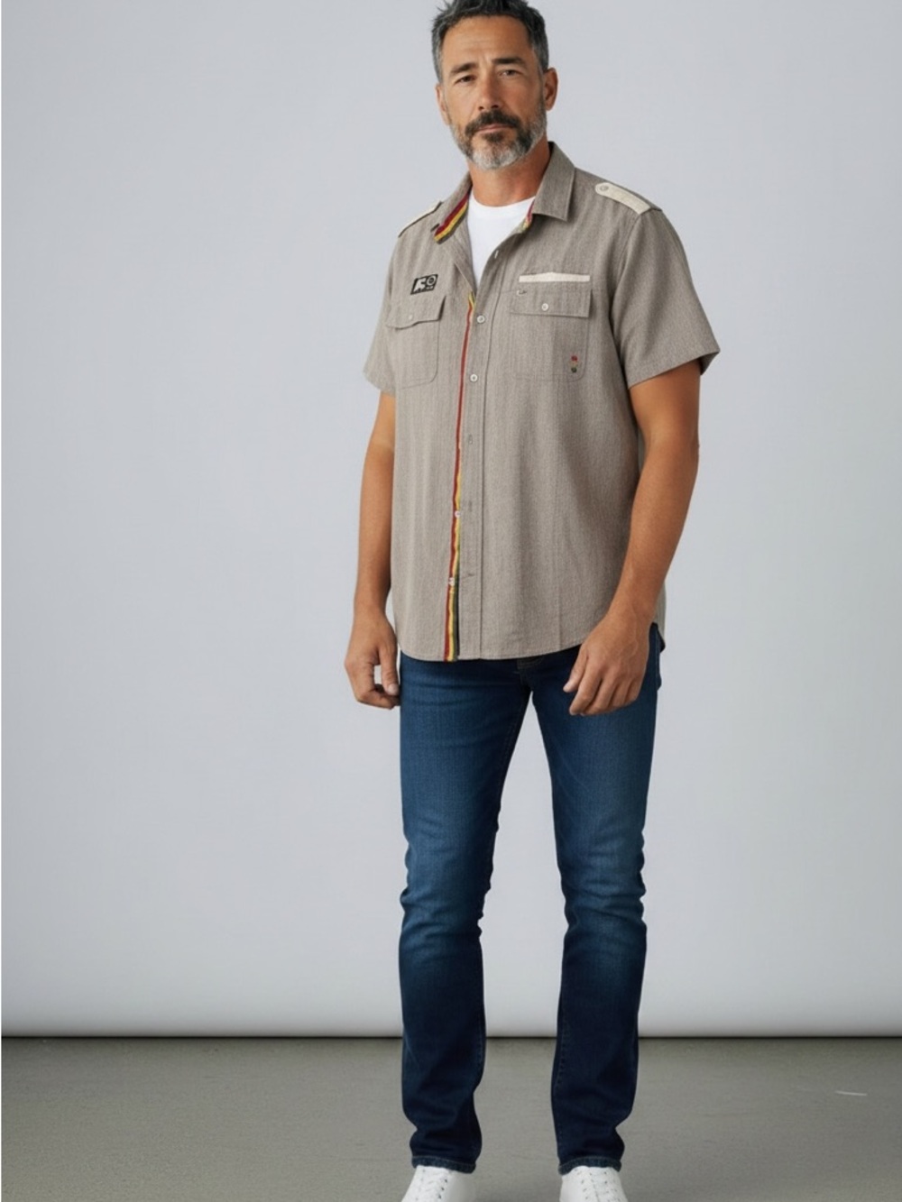 LRG Beige Linen Shirt with Red, Yellow and Green accents and Accent Patch.  3XL